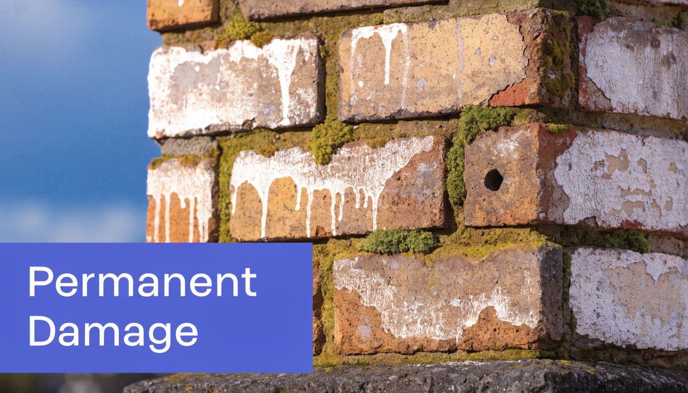 An old brick chimney surface showing severe paint stains, moss growth, and permanent structural surface damage.