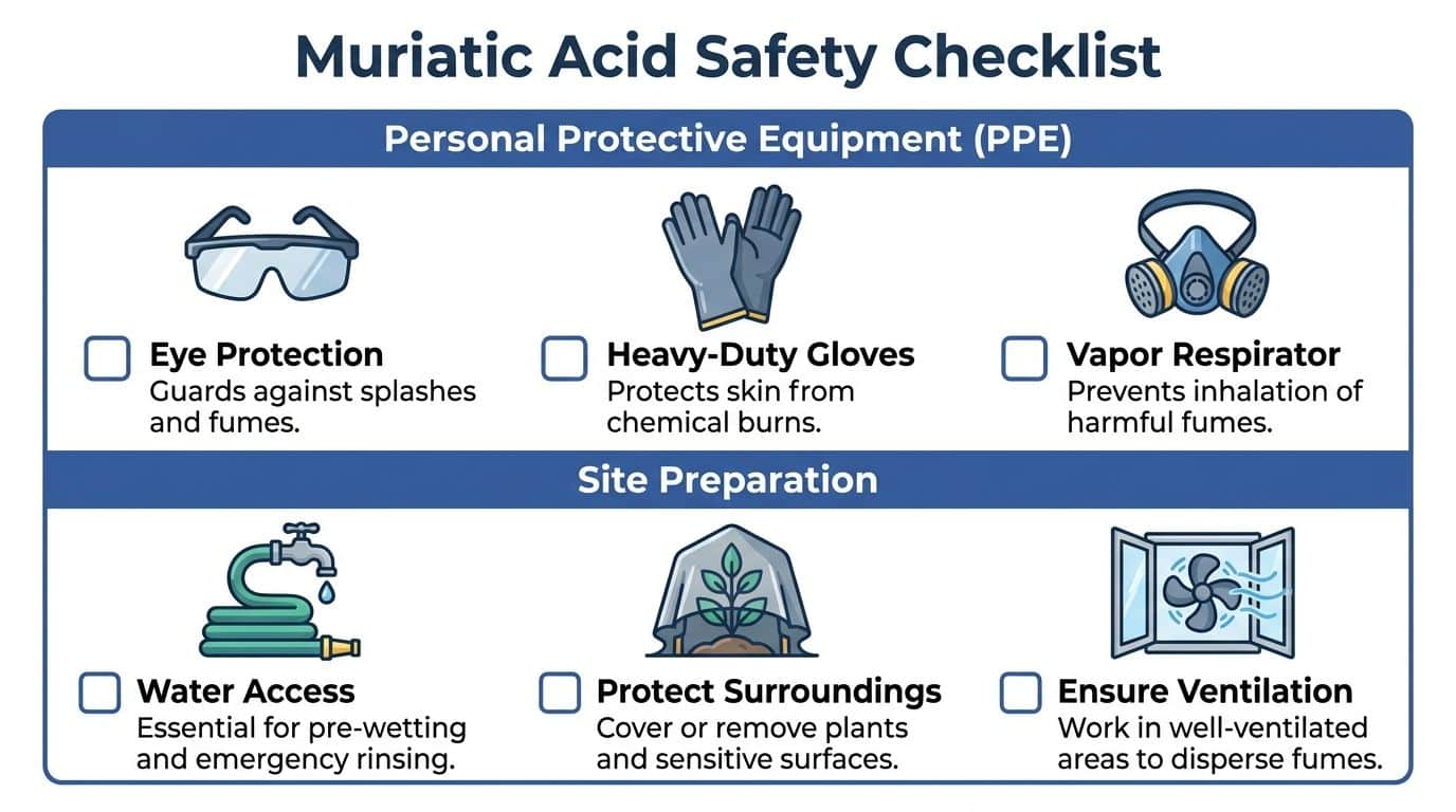 An illustrated safety checklist for handling muriatic acid, featuring PPE and site preparation steps for protection.