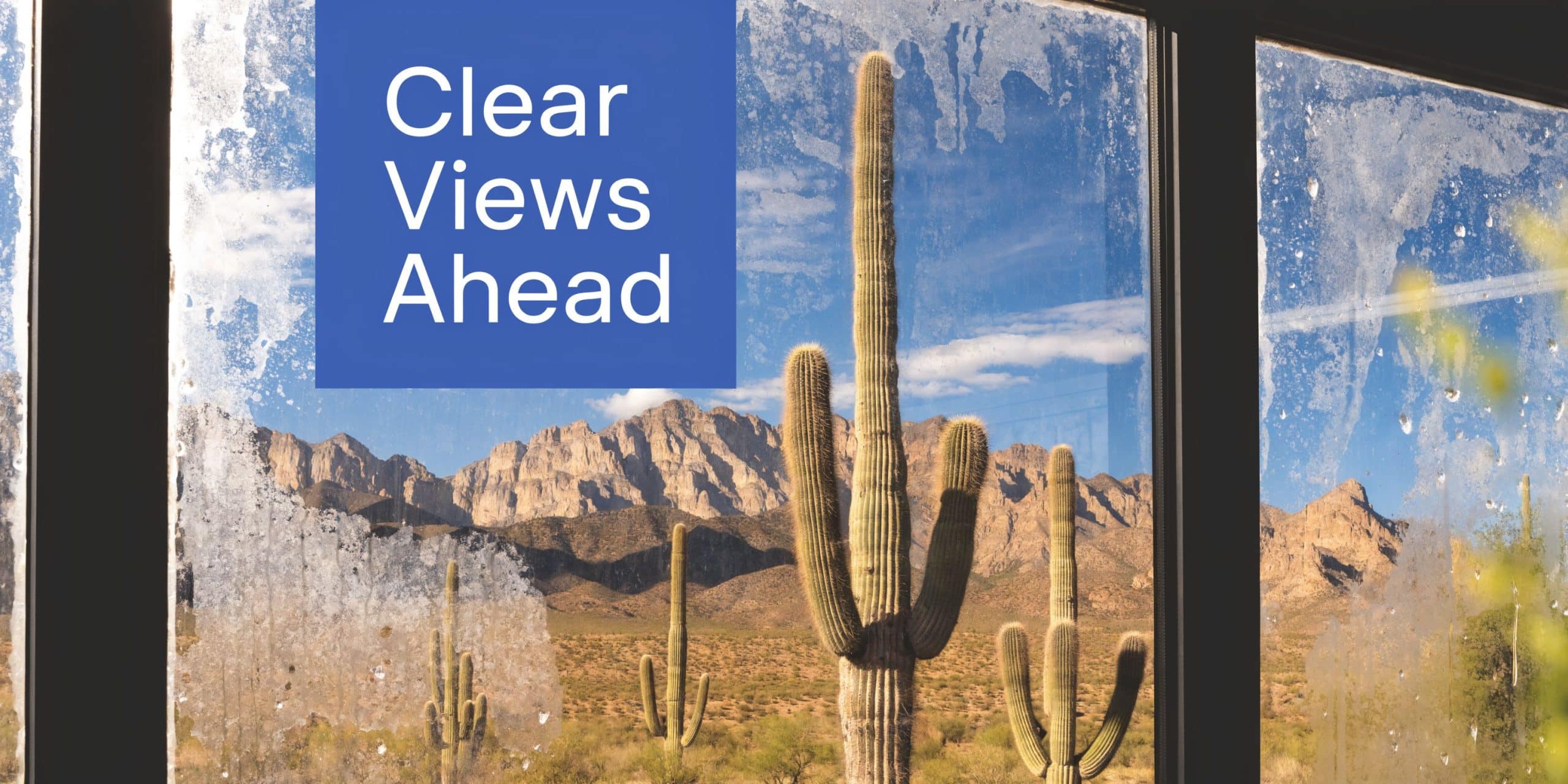 A view of desert mountains and saguaro cacti through a window with frost and moisture buildup.