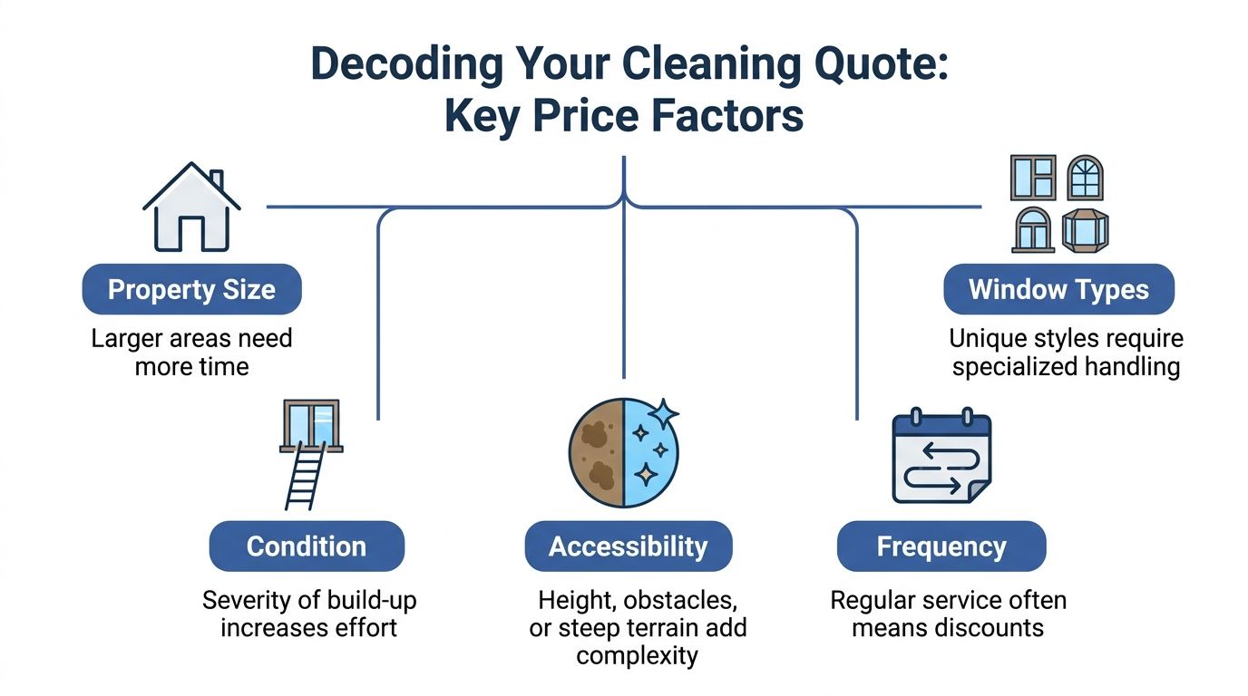 An infographic titled Decoding Your Cleaning Quote explaining five key factors that influence professional cleaning service costs.