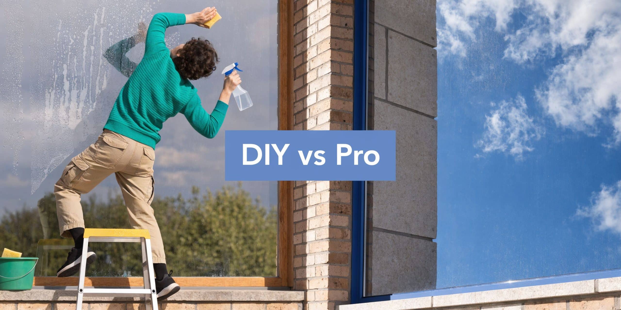 A person standing on a ladder cleaning a large glass window outside a brick building exterior.