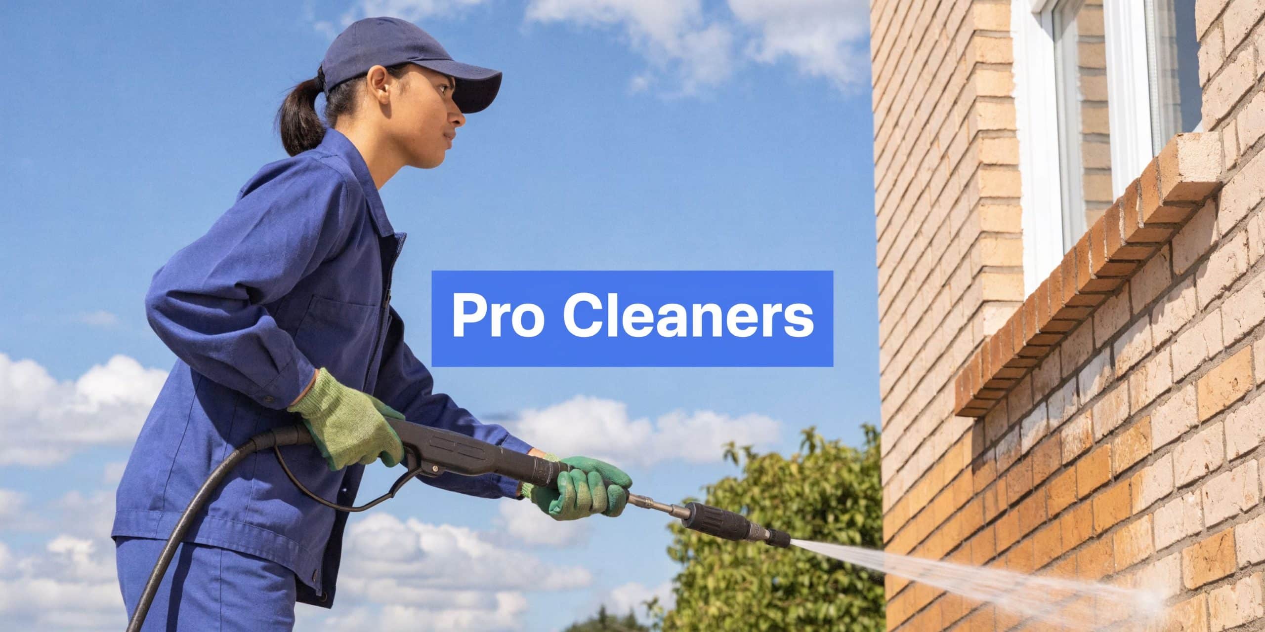 A professional cleaner wearing a uniform and safety gloves power washing a brick wall outside a house.