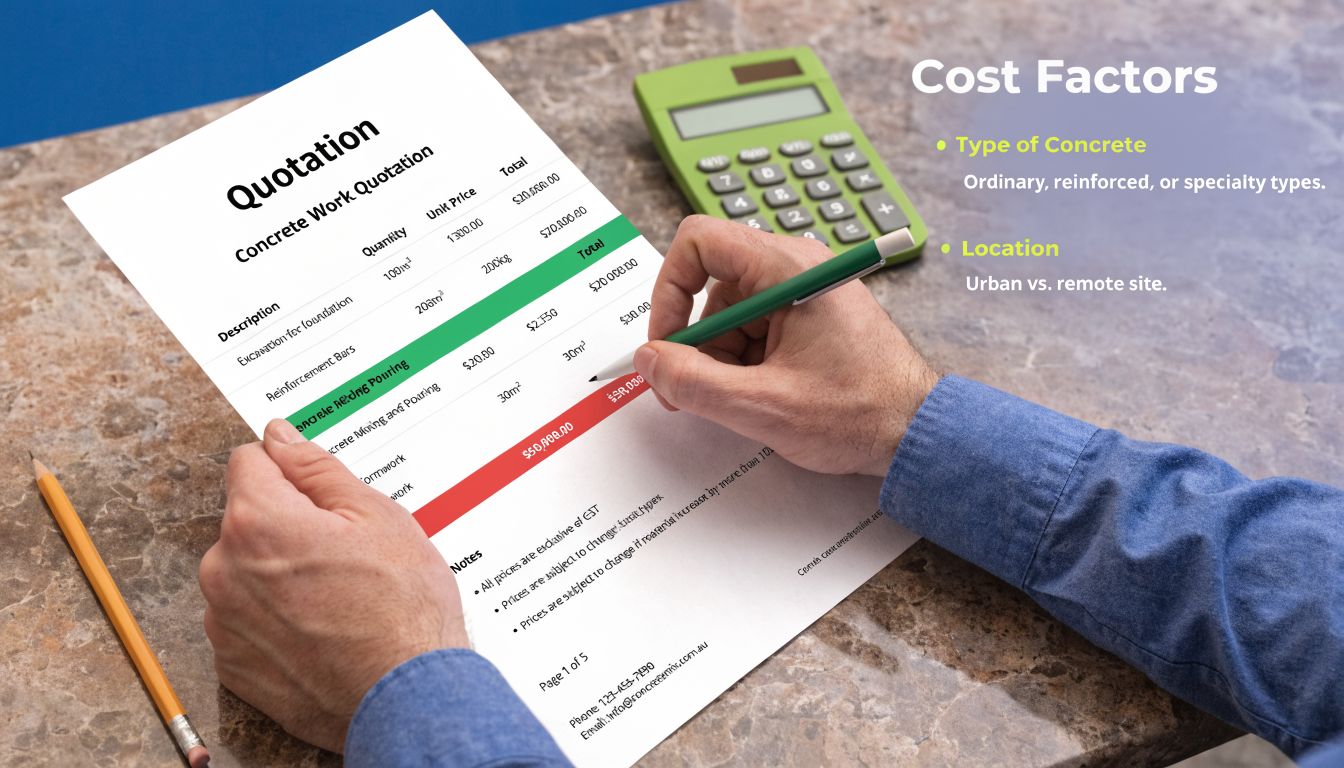 A person reviewing a concrete work quotation document with a pen, calculator, and pencil nearby on a table.