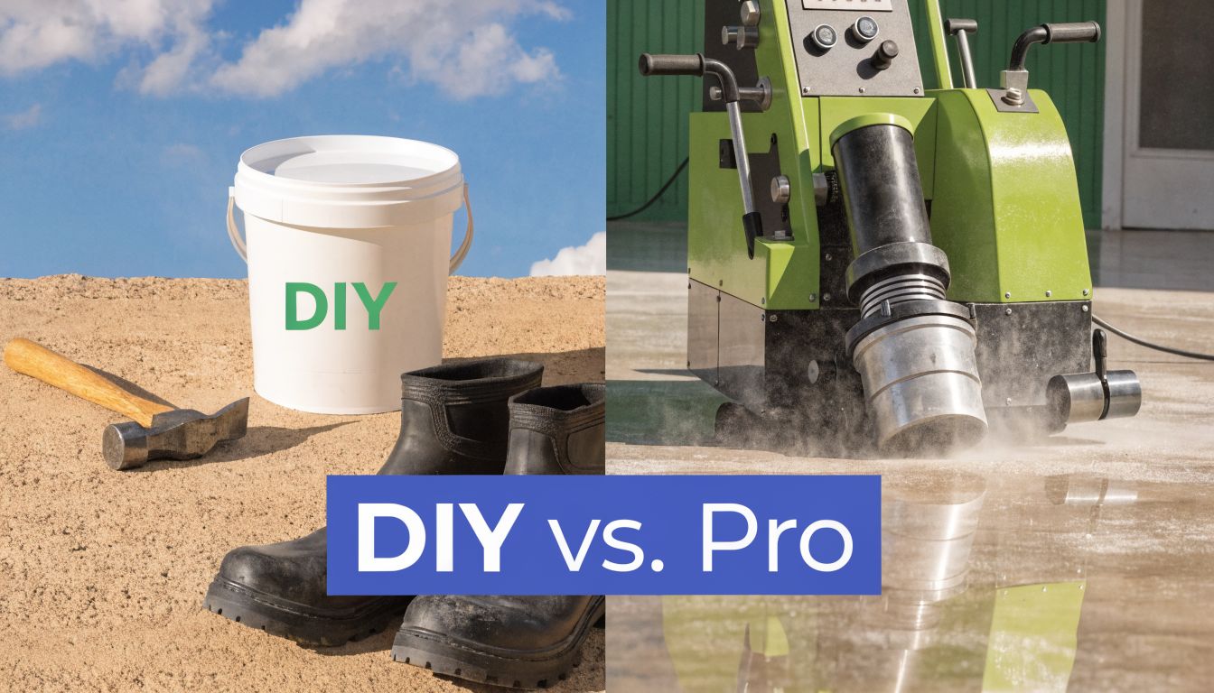 A split screen comparing DIY tools like a bucket and hammer with professional concrete polishing equipment.