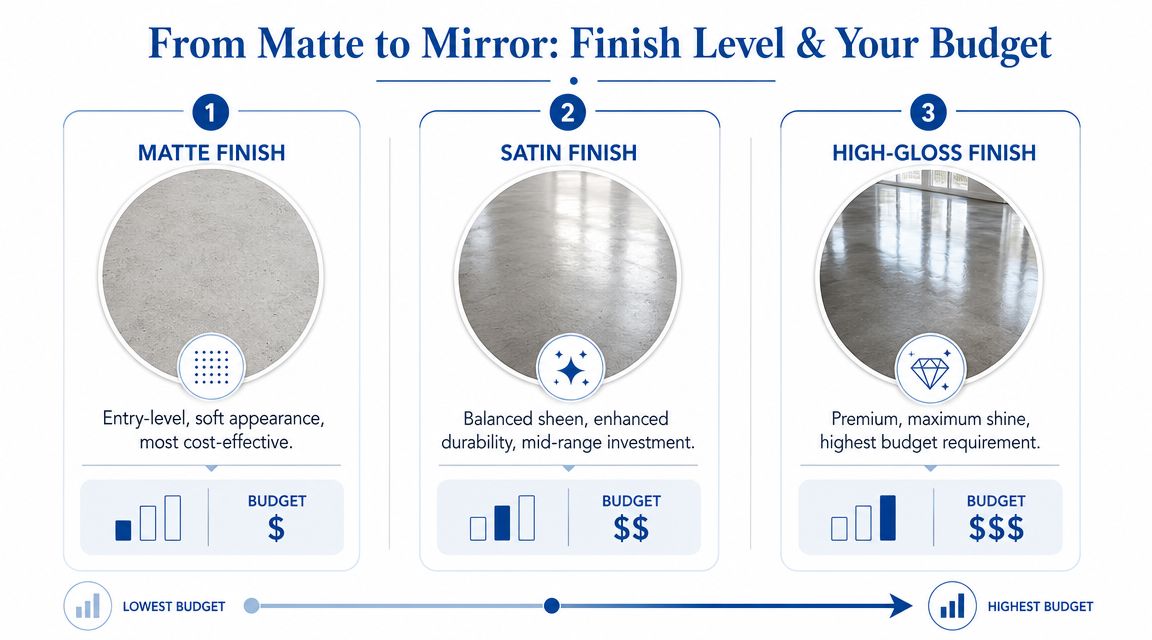 A comparison chart showing three concrete finishing options from matte to high-gloss and their associated budget levels.