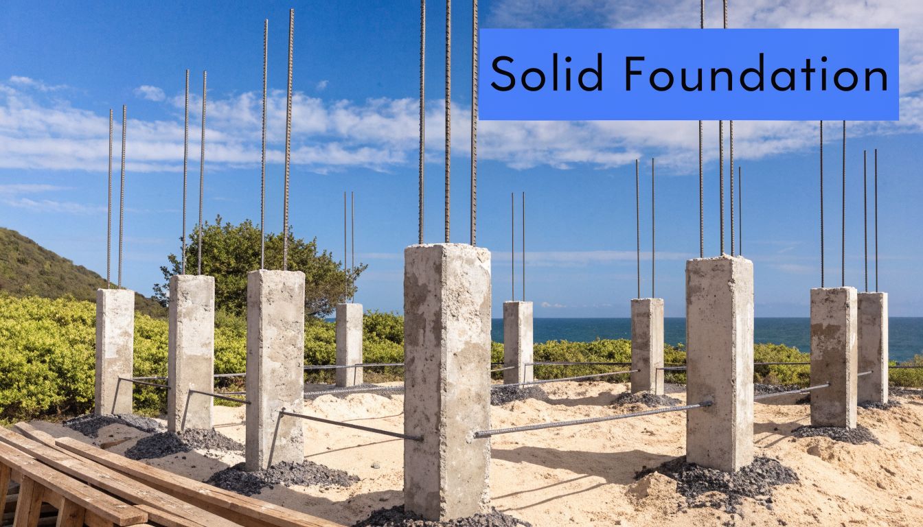 Concrete foundation pillars with exposed rebar set in a sandy coastal construction site under blue sky.