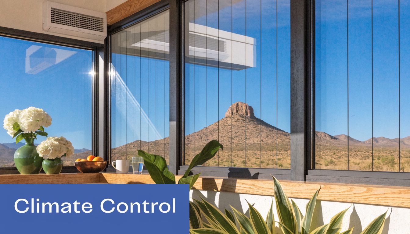 A modern sunroom with large windows overlooking a scenic desert mountain landscape with plants indoors.