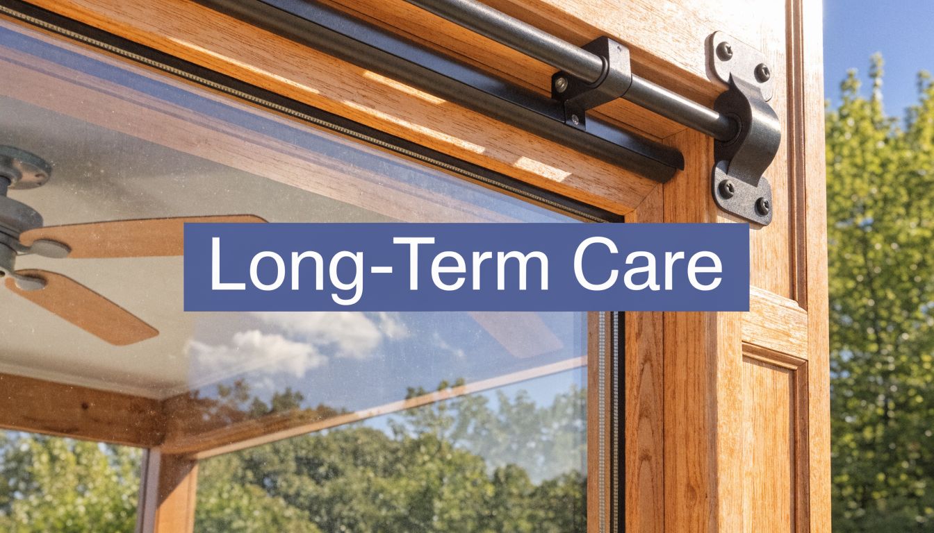 A close-up view of a wooden sunroom frame with a black metal curtain rod attachment.