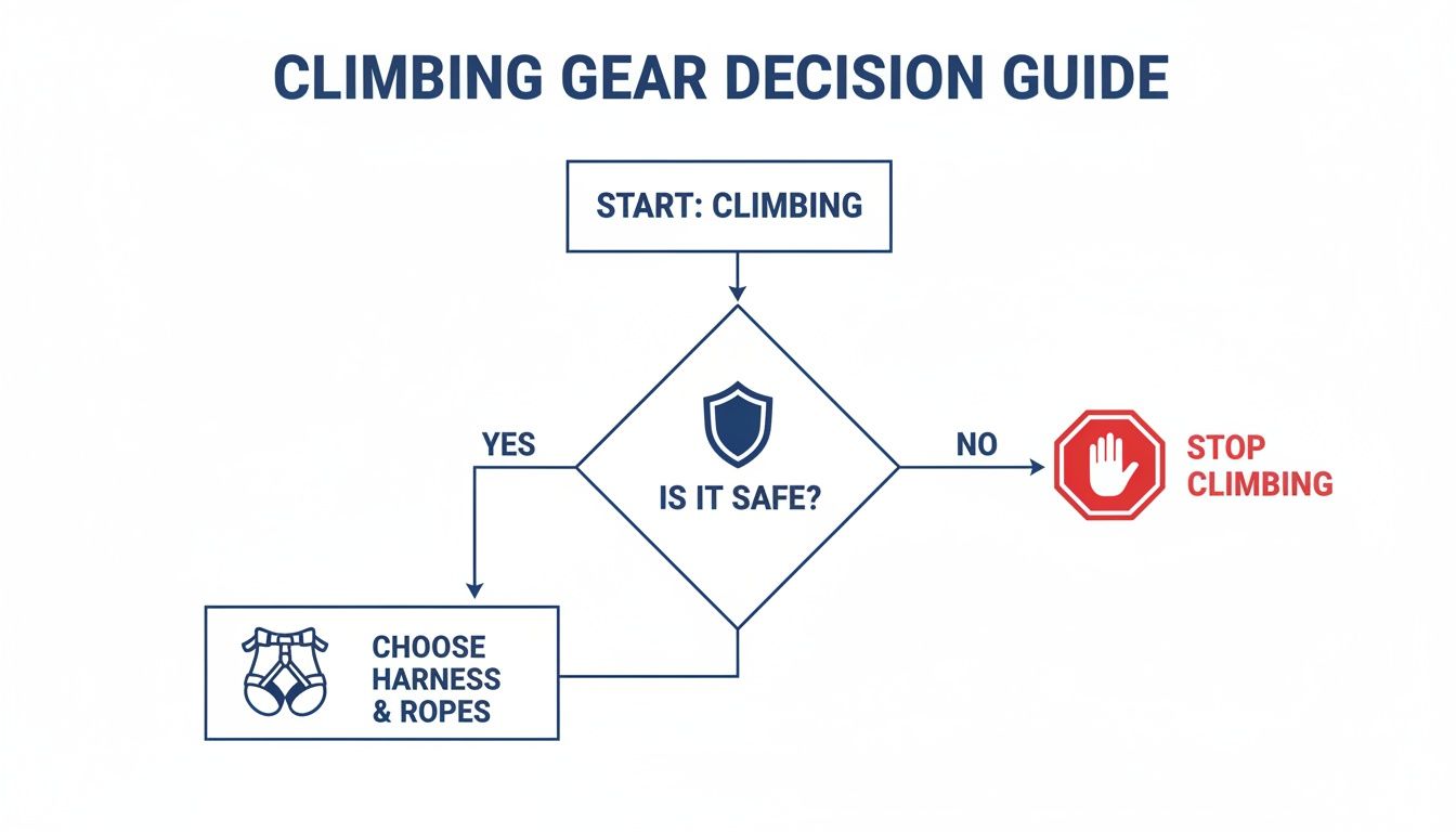 A climbing gear decision guide flowchart, starting with climbing, then asking if it is safe.