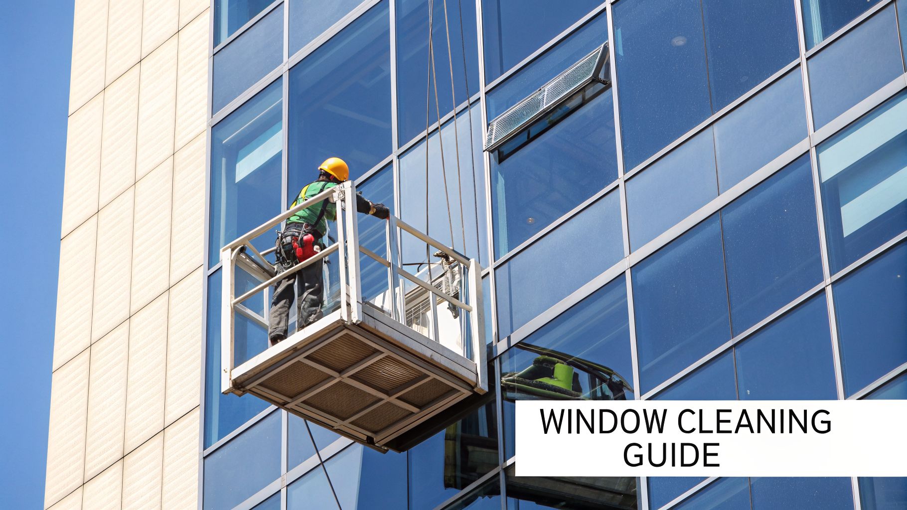 A worker in a yellow helmet and safety harness cleans a glass high-rise building from a suspended platform.