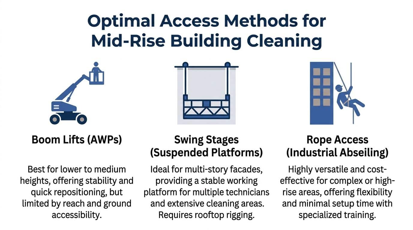 A graphic illustration comparing three access methods for cleaning mid-rise buildings: boom lifts, swing stages, and rope access.