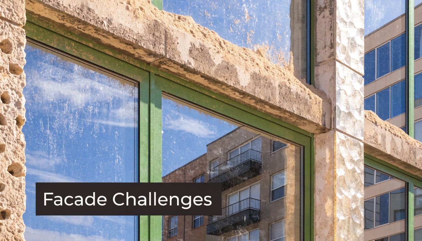 A close-up view of a modern mid-rise building facade featuring textured stone accents and reflective glass windows.