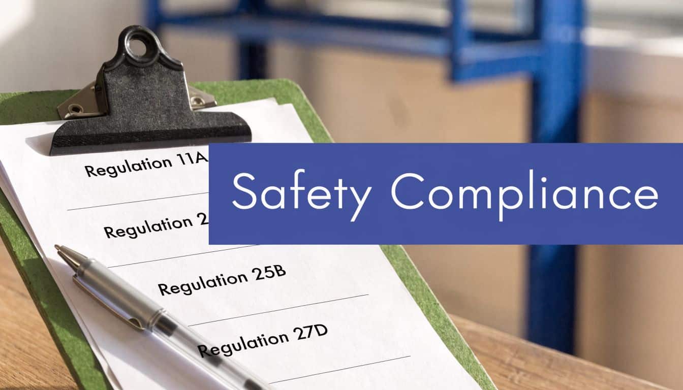 A clipboard with a safety compliance checklist on paper rests on a desk next to a pen.