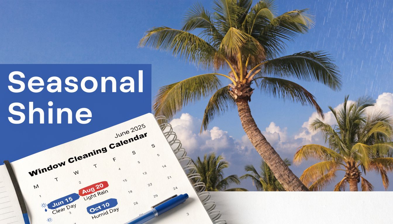 A calendar showing window cleaning dates alongside a tropical scene featuring palm trees and sunny weather.