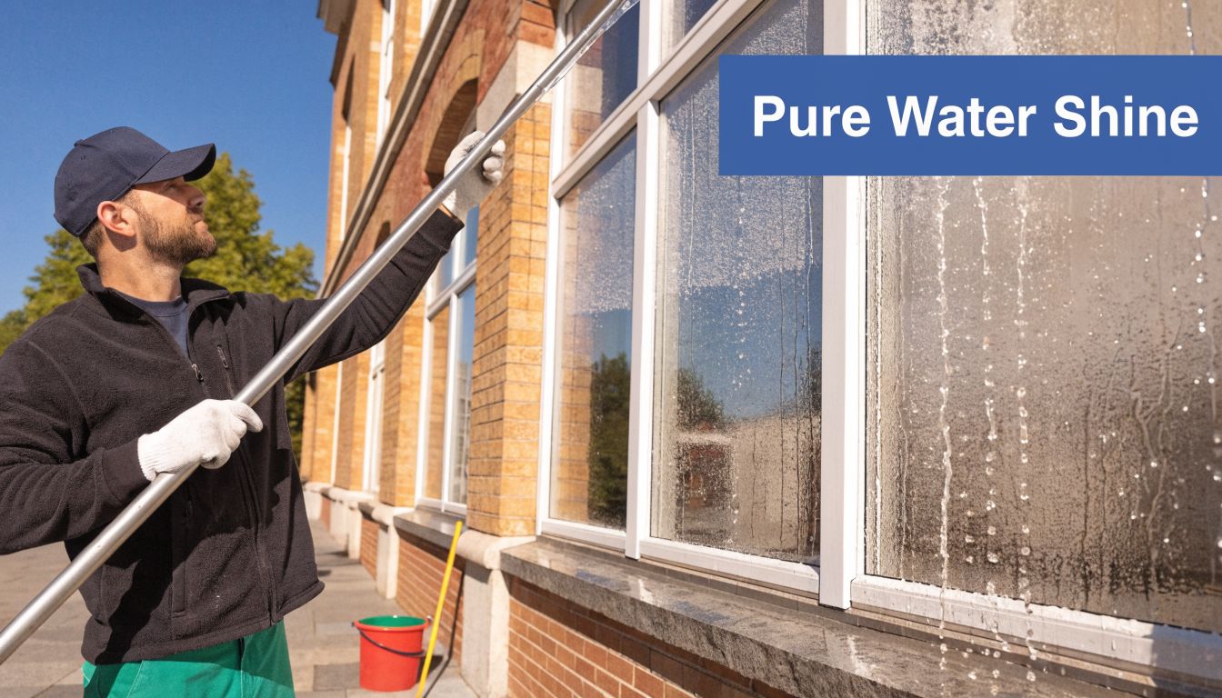 A professional window cleaner wearing a cap and gloves using a long water-fed pole to clean windows.