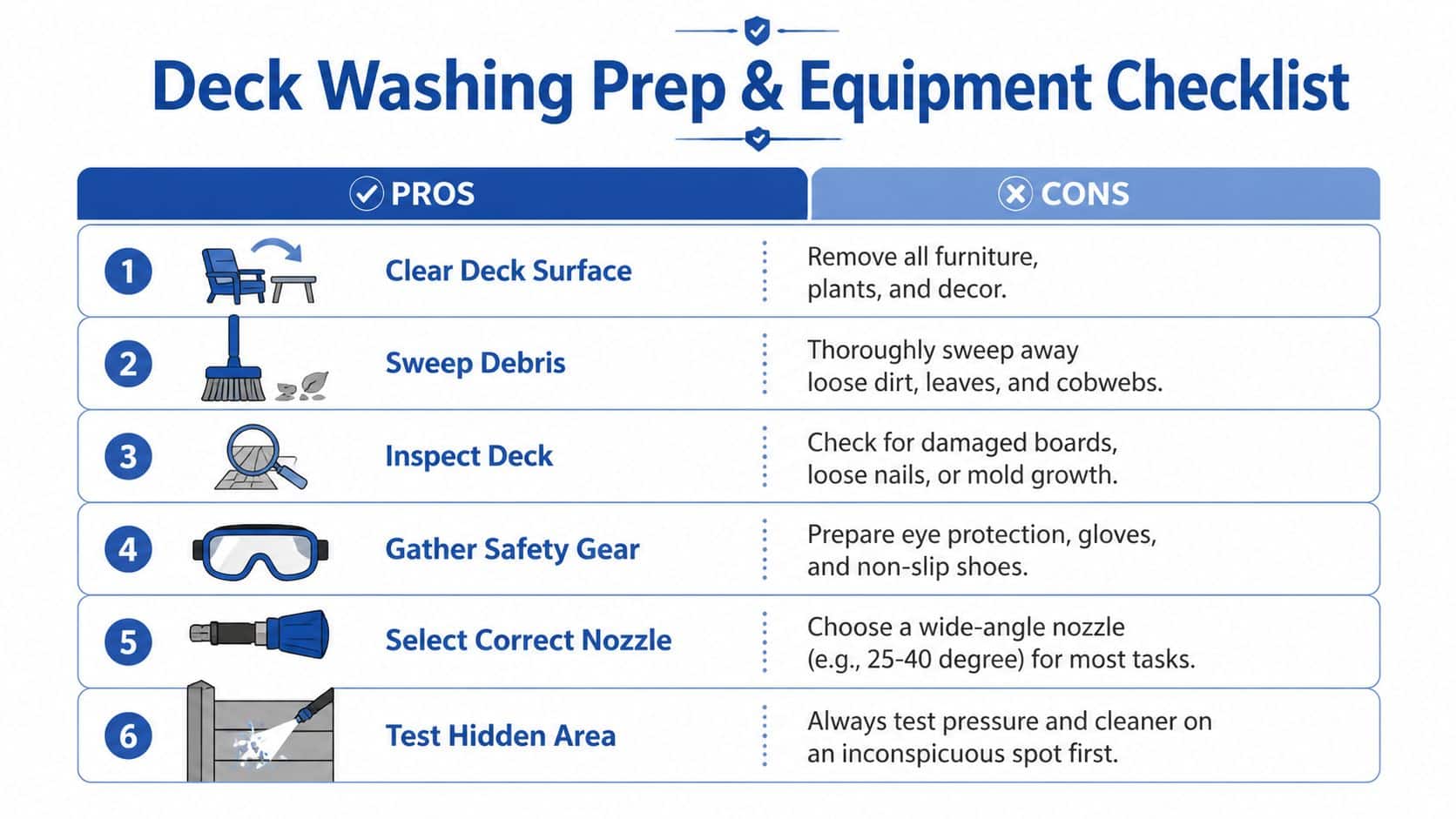 A numbered checklist showing six essential steps for cleaning and prepping a deck for power washing.