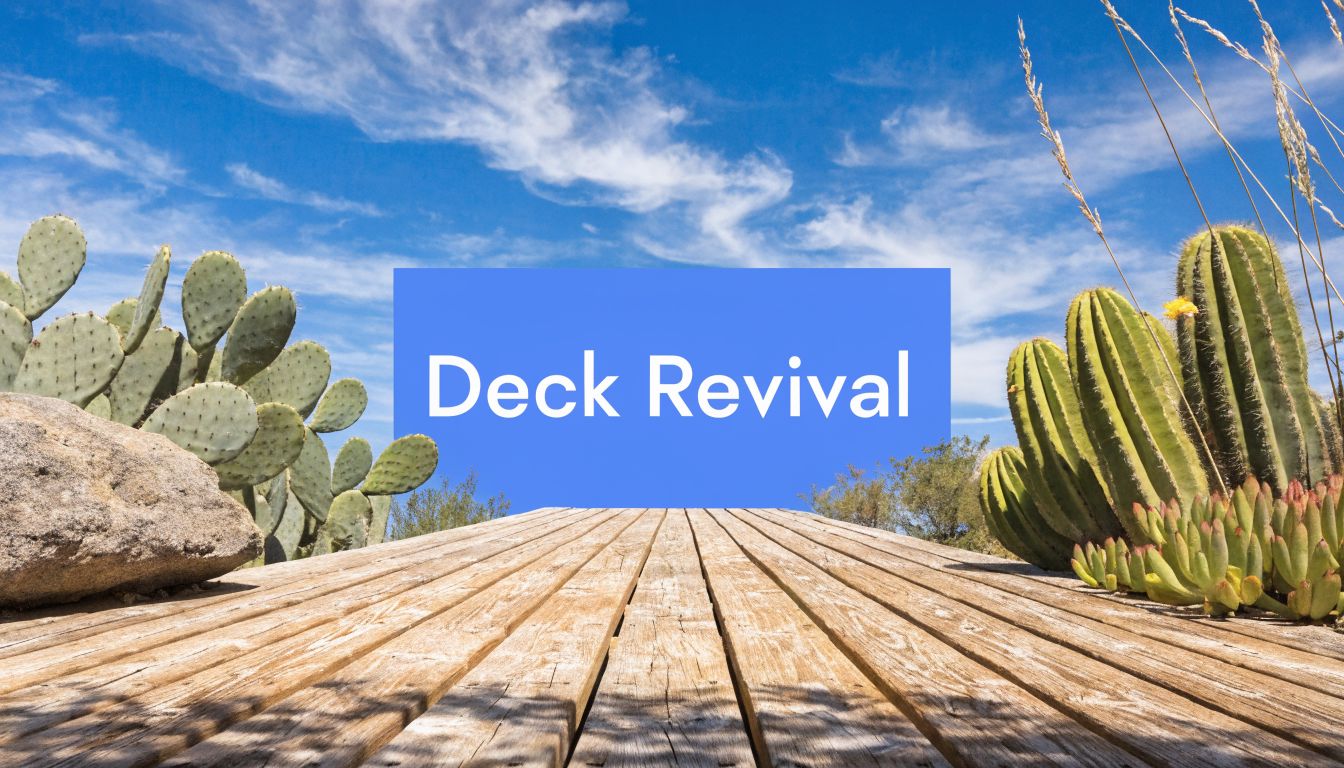 A wooden deck leading towards a desert landscape with cacti and a bright blue sky.