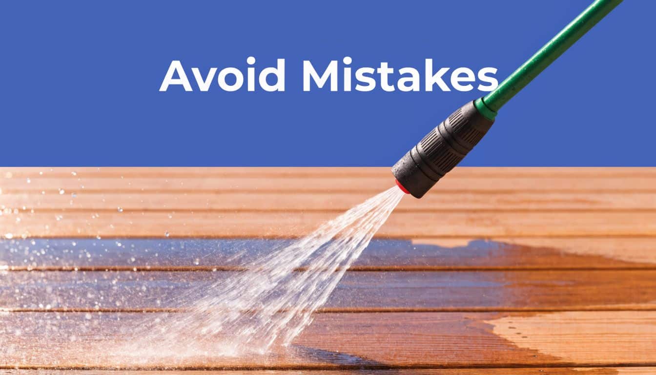 A pressure washer nozzle spraying water onto wooden deck planks under a clear blue sky background.