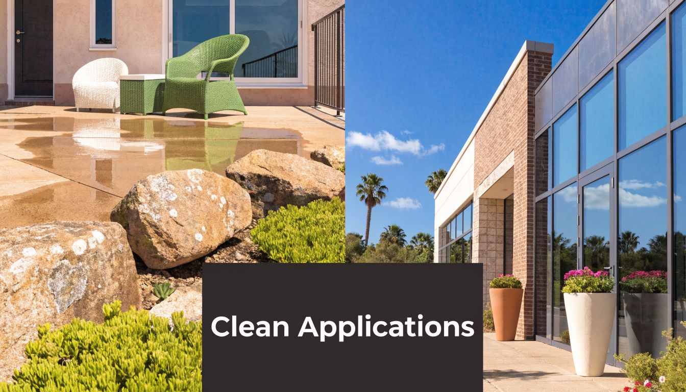 A split-screen image showcasing clean patio concrete and a polished modern building facade for power washing services.