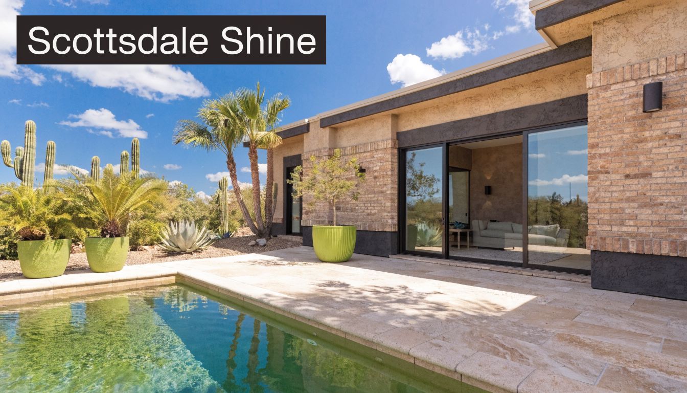 A modern desert home patio featuring a sparkling swimming pool, lush greenery, and large sliding glass doors.