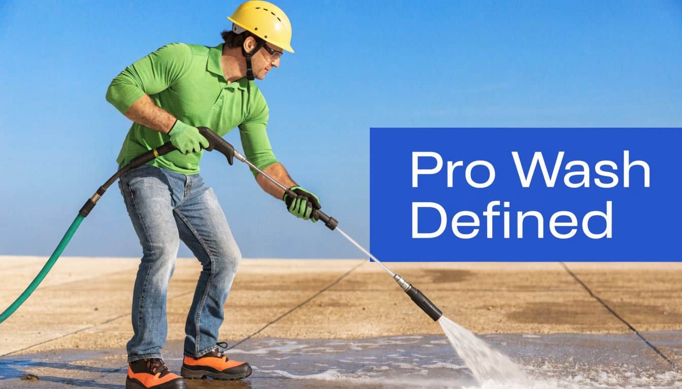 A professional in safety gear using a power washer to clean a concrete surface outdoors.