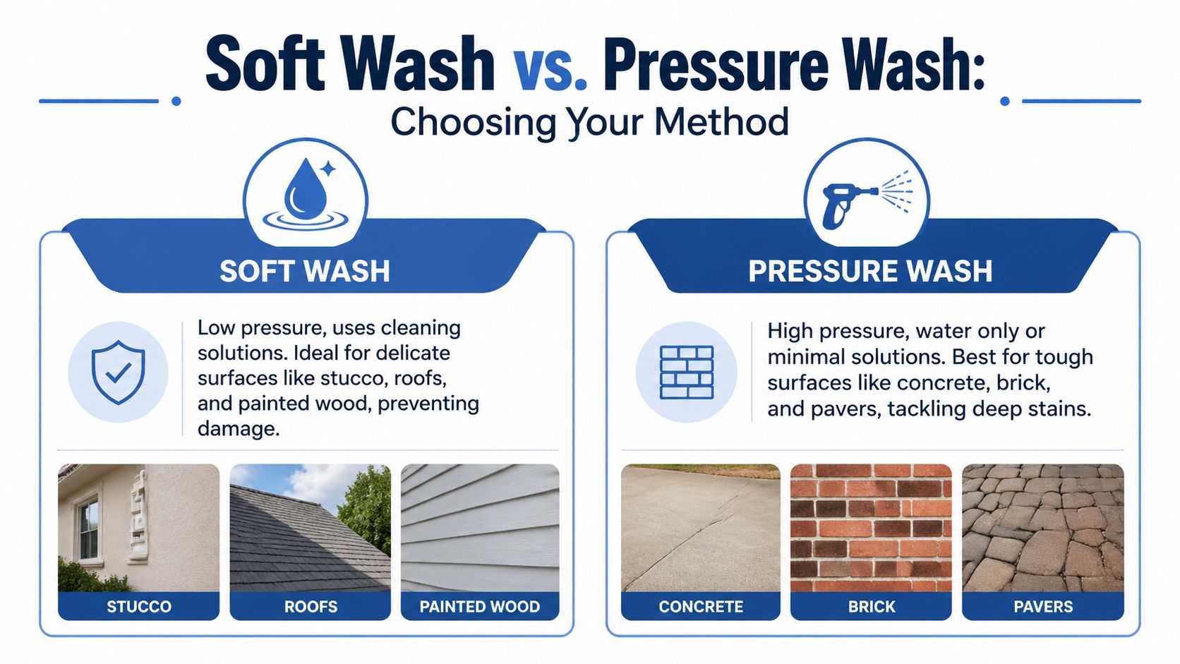 An infographic comparing the cleaning methods and suitable surfaces for soft washing versus high pressure washing.