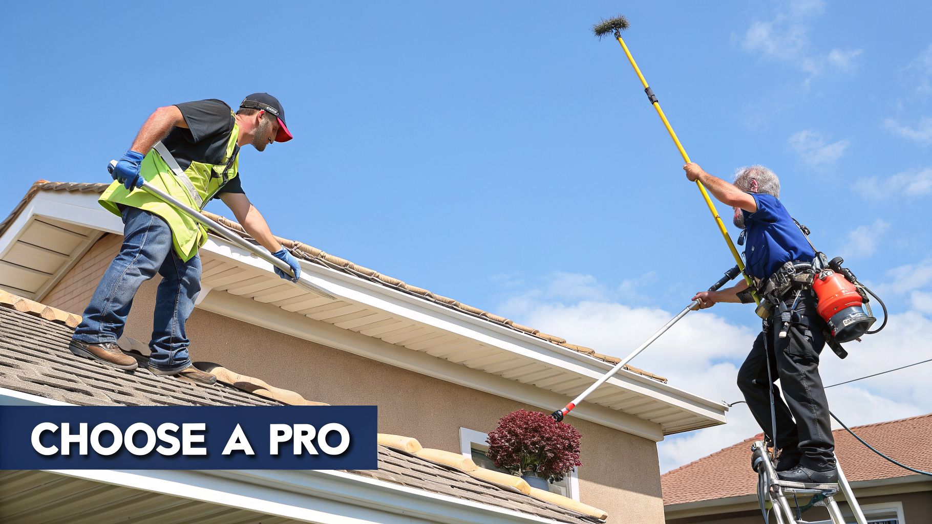 Two professional cleaners maintaining a house, one on the roof and another on a ladder.