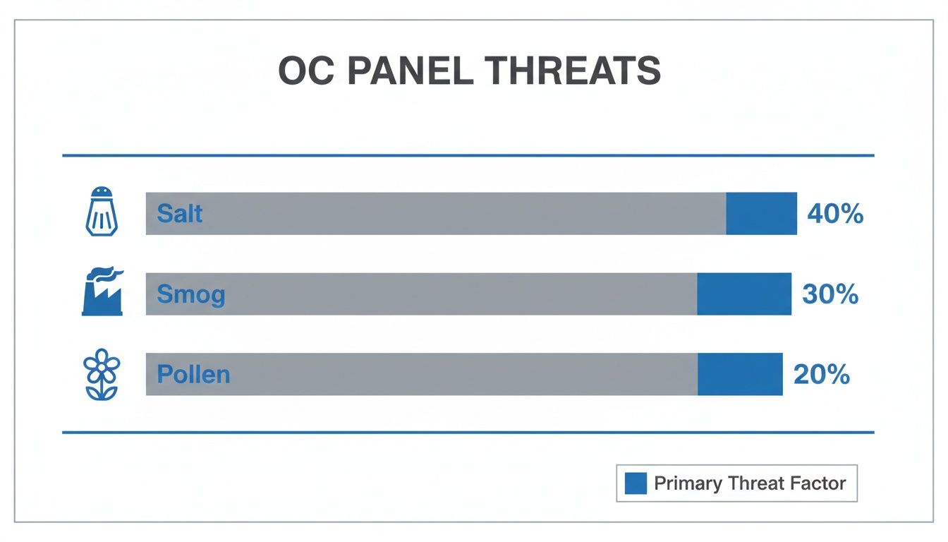 A bar chart illustrating the primary threats to OC panels, including salt at 40%, smog at 30%, and pollen at 20%.