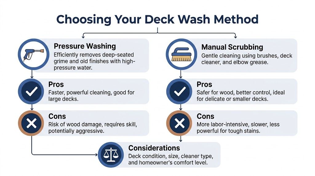 An infographic comparing pressure washing and manual scrubbing methods for cleaning and preparing wooden decks.
