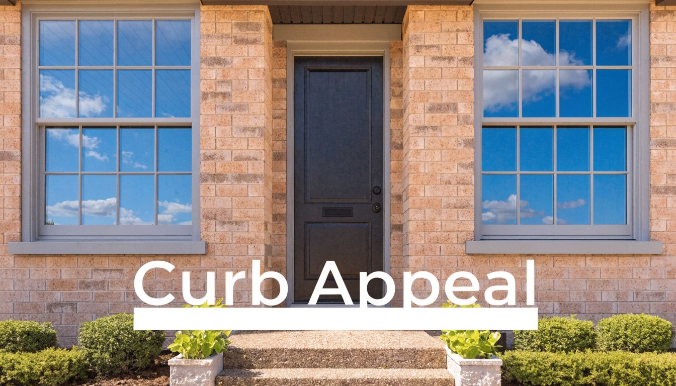 A clean, modern home entrance featuring a dark front door, symmetric windows, and manicured landscaping.