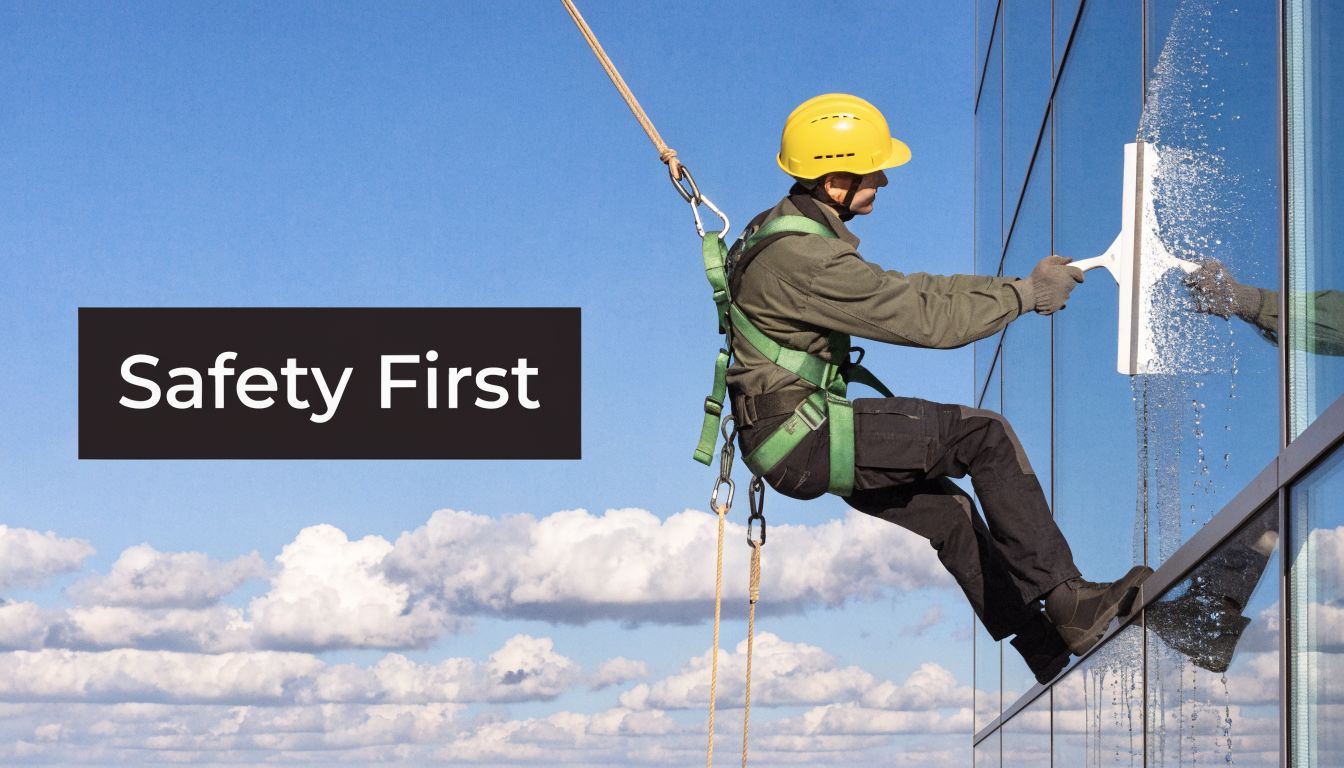 A professional window cleaner using a squeegee while suspended by safety ropes against a skyscraper window.