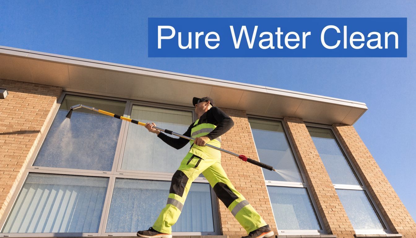 A professional window cleaner wearing neon high-visibility clothing cleans exterior windows using a long reach pole brush.