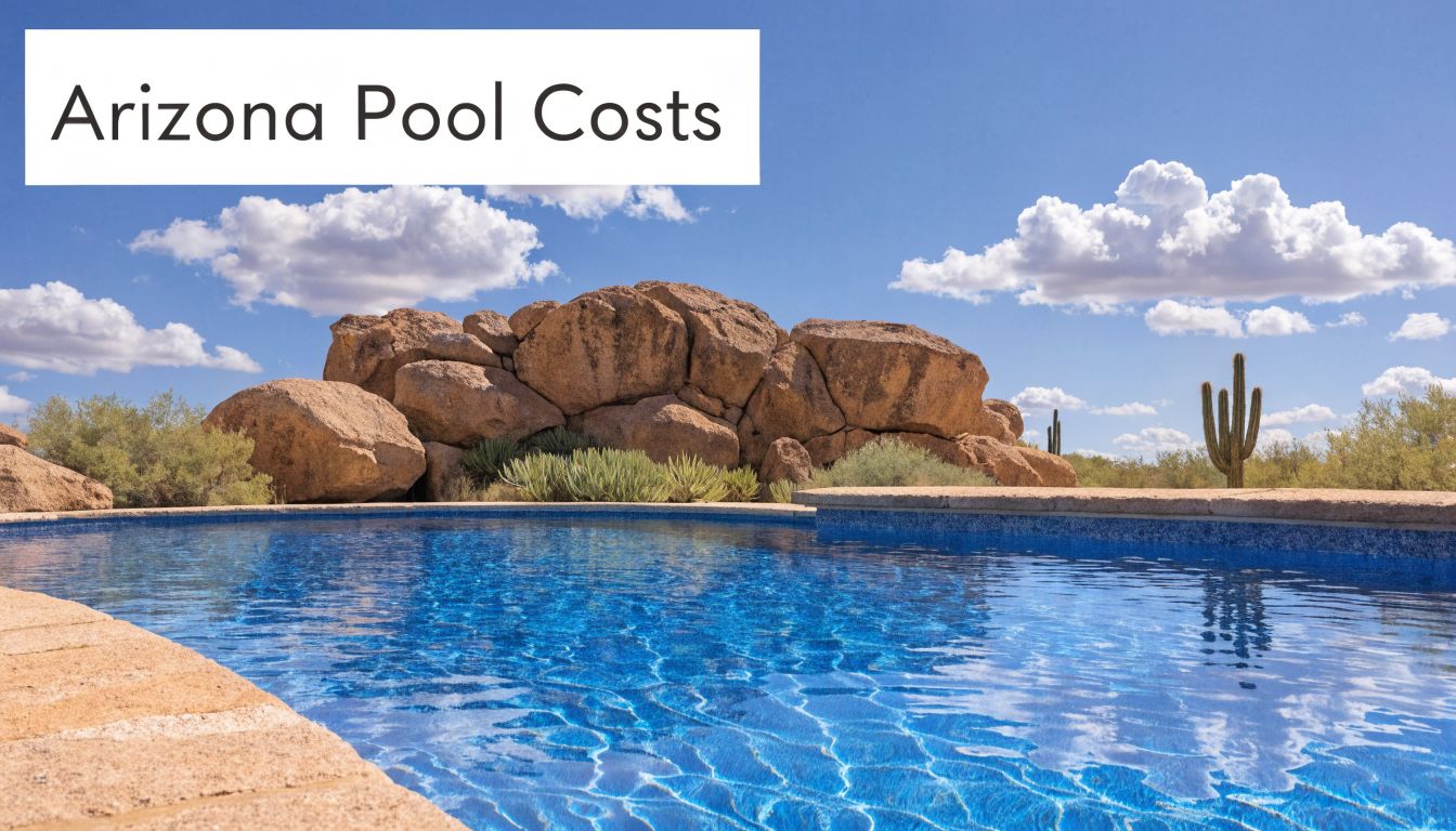A luxurious swimming pool located in a scenic Arizona landscape with large desert rocks and cacti.