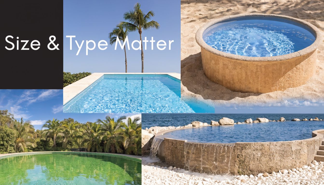 A collage showing different styles of swimming pools, including rectangular and circular designs in sunny outdoor settings.