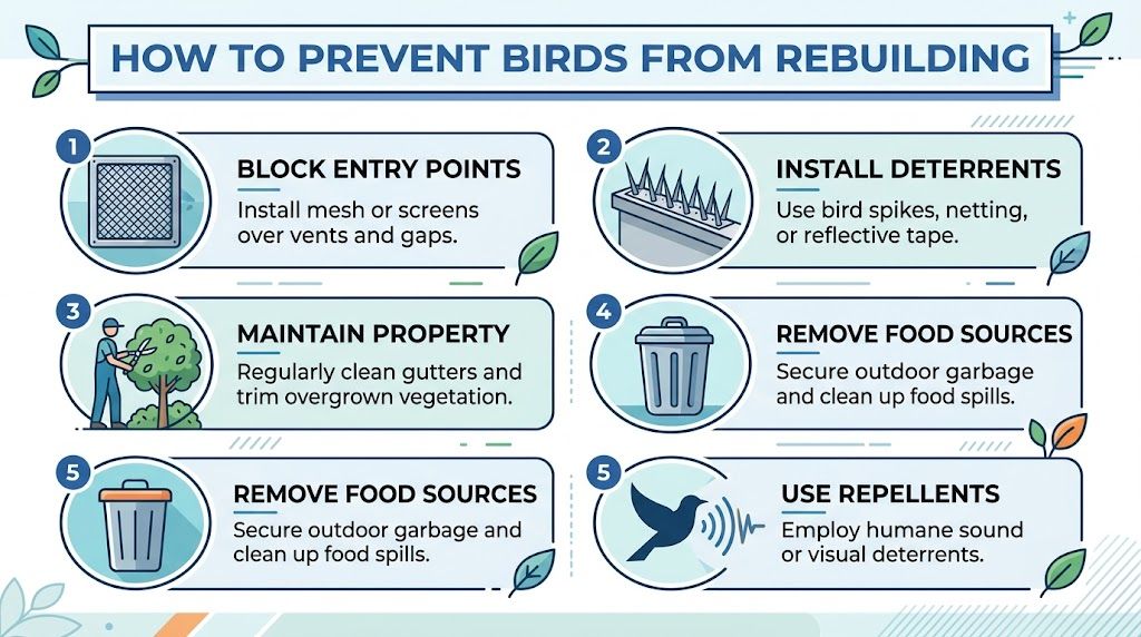 An infographic titled How to Prevent Birds from Rebuilding showing five methods for deterring nesting birds.
