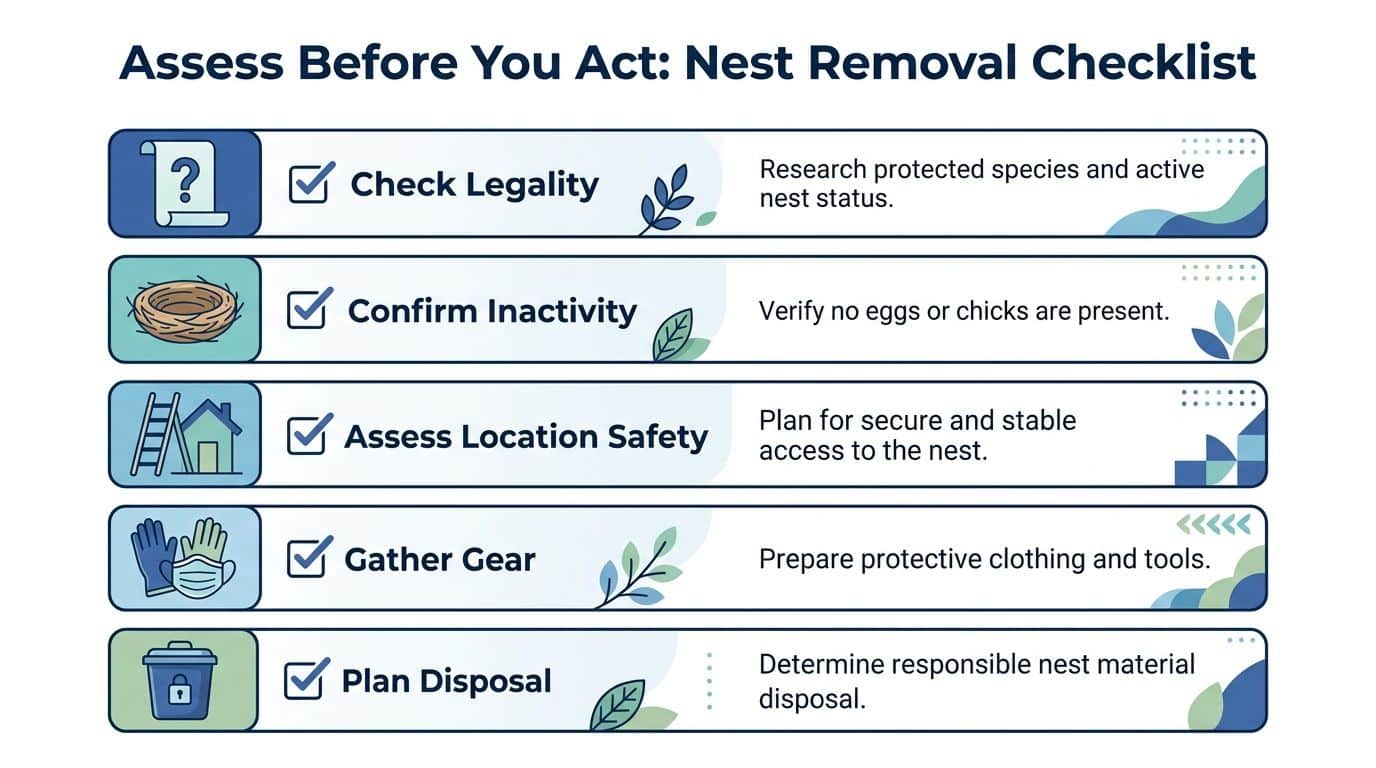 A checklist for bird nest removal illustrating legal compliance, safety assessments, and proper disposal procedures.