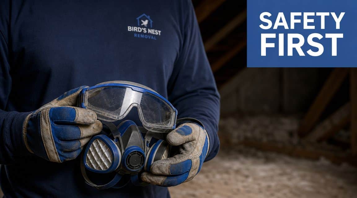 A worker wearing safety gloves holding a respirator mask and goggles for bird nest removal safety.