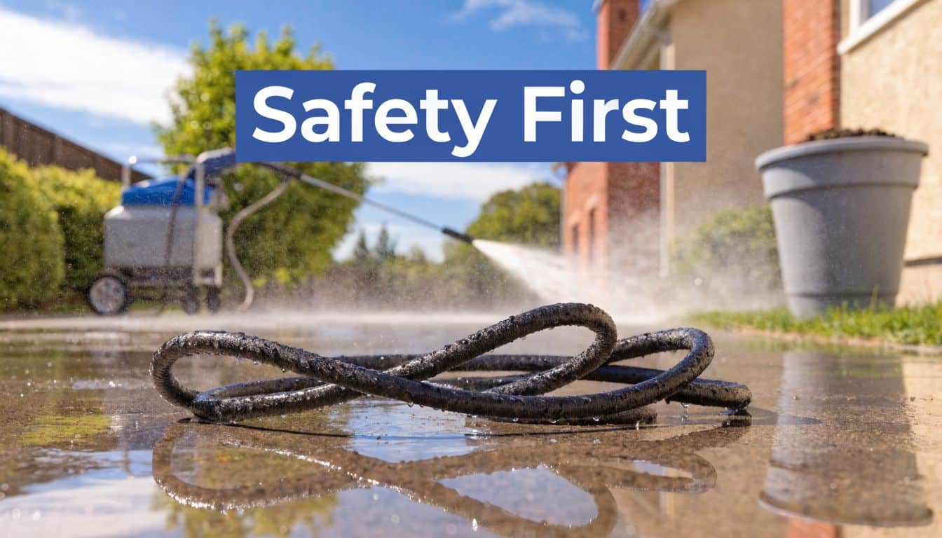 A coiled black garden hose on a wet patio with a pressure washer spraying water nearby.