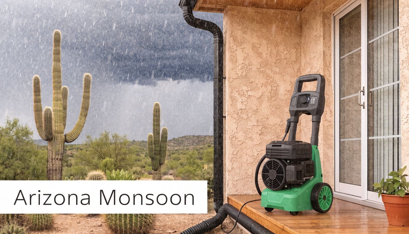 A pressure washer sits on a wooden porch outside during a heavy Arizona monsoon rainstorm.