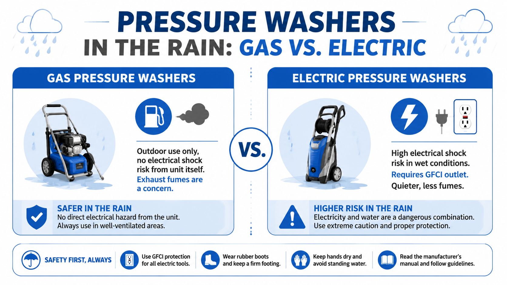 A comparison infographic showing the safety considerations of using gas versus electric pressure washers in rainy conditions.