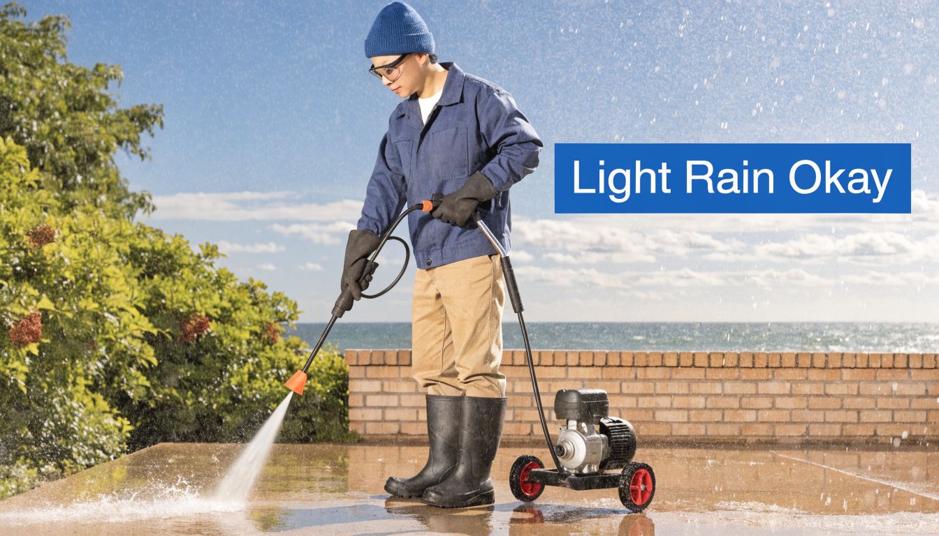 A person in protective gear using a pressure washer on a patio during light rain.