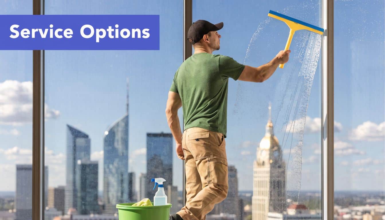 A professional window cleaner wearing a cap wiping a large skyscraper window with a squeegee tool.