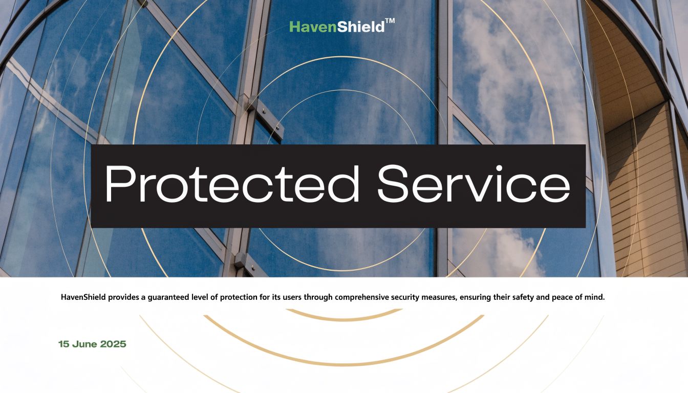 A modern glass building exterior with a graphic overlay promoting HavenShield security services and peace of mind.