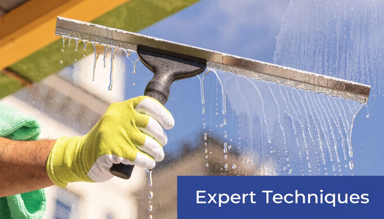 A professional window cleaner wearing a lime green glove uses a squeegee to clean a glass window.