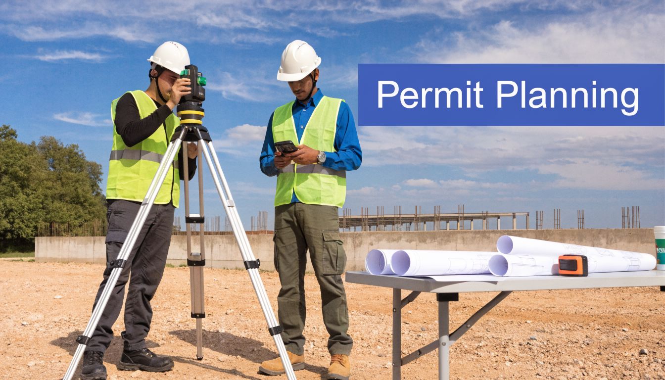 Two construction workers in safety vests and helmets measuring a construction site with surveying equipment and blueprints.