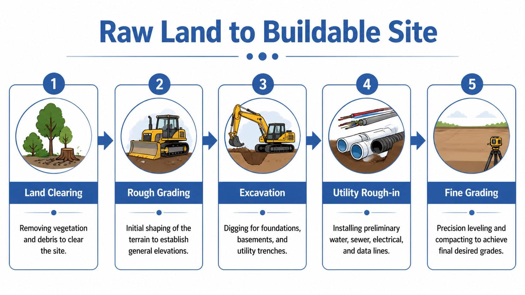 A diagram illustrating the five stages of converting raw land into a prepared buildable construction site.