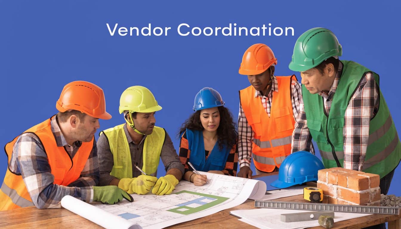 A diverse group of construction workers in safety gear reviewing building blueprints at a wooden table.