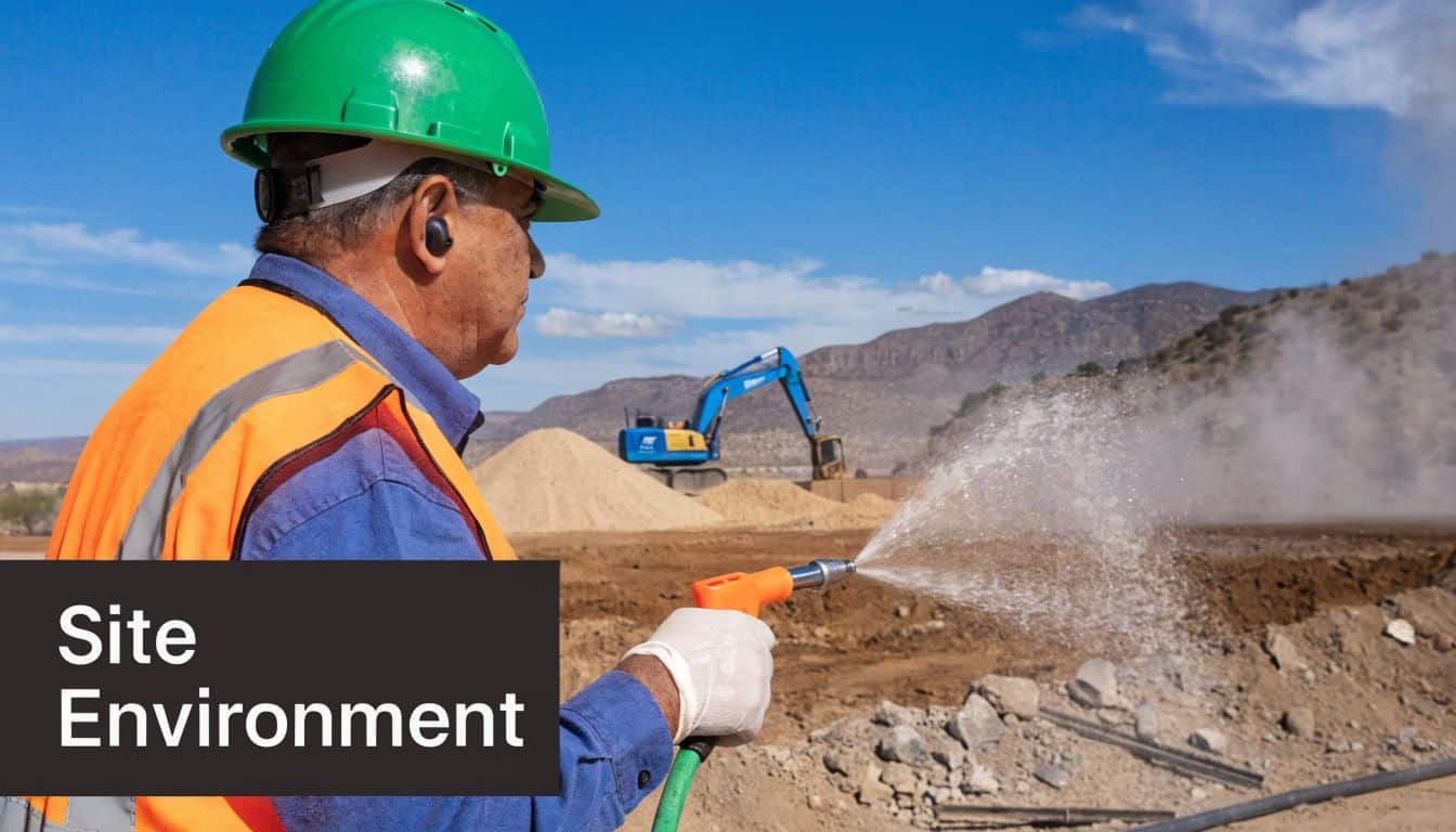 A construction worker in a hard hat sprays water to dampen dust at a construction site.