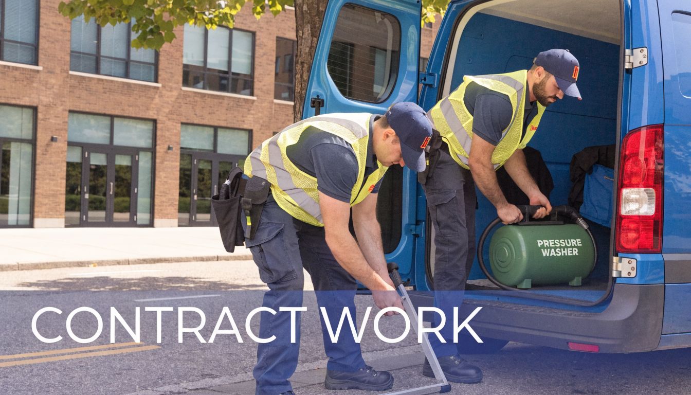 Two professionals in uniforms and safety vests unloading pressure washer equipment from a utility van for work.