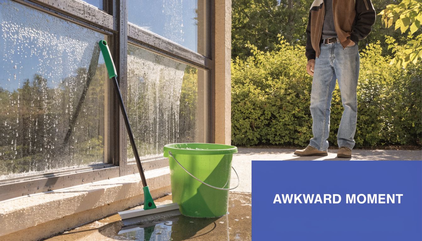 A man stands near a bucket and squeegee after cleaning a dirty window with streaks of water.